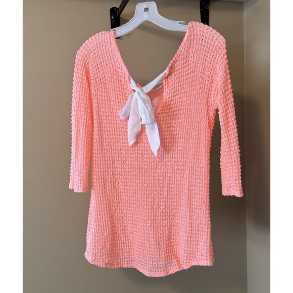 Free Kisses Juniors 3/4 Sleeve Peach Pullover Lightweight Bow Shirt Size Large - Picture 6 of 6